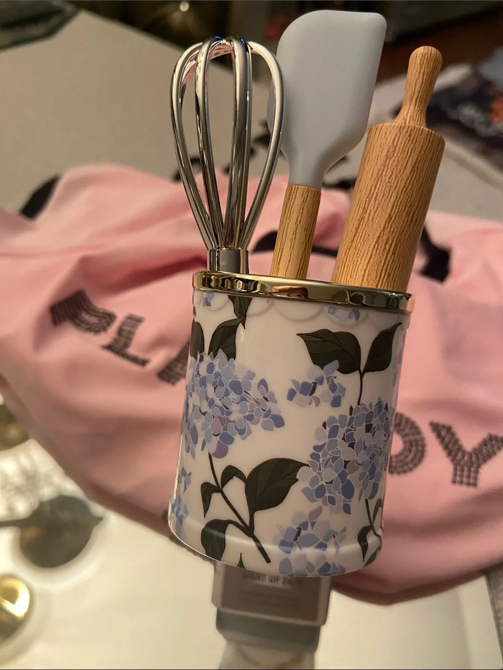 Floral Ceramic Utensil Holder - Blue Hydrangea wallflower light up